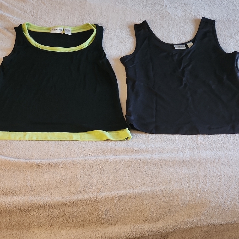 Chicos 2 For 1 Sleeveless Tank Tops Womens 0 (XS) Black And Black With Green